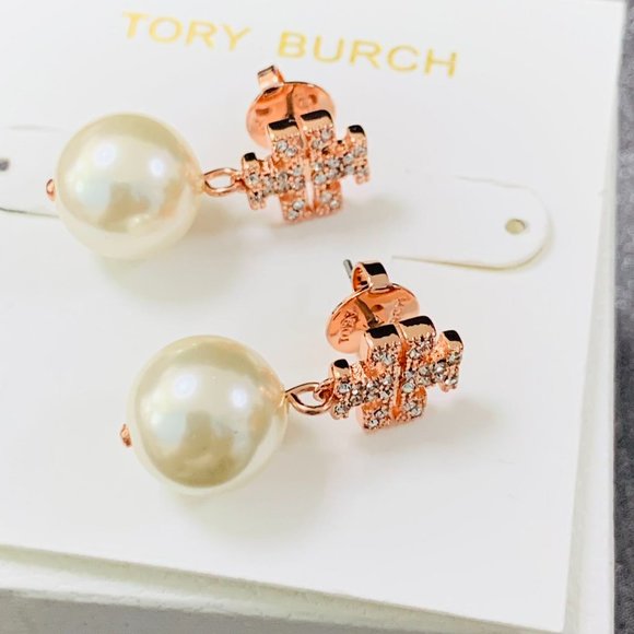 Tory Burch Earrings Crystal Logo & Simulated Pearl Drop Earrings Rose Gold - Picture 6 of 13
